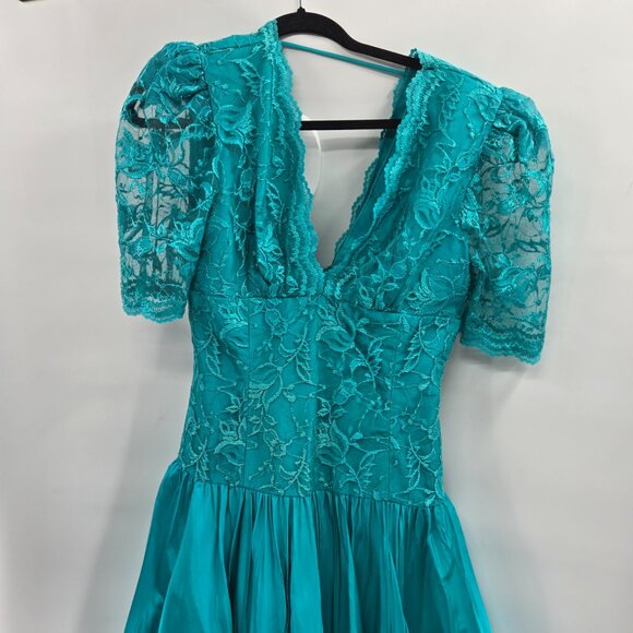 Vintage Carmella's Creation Teal Lace Taffeta 80s Formal Prom Dress Size 12 - Picture 2 of 16